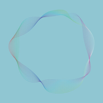 Circular wave pattern formed by multicolored gradient lines on a light blue background, abstract geometric