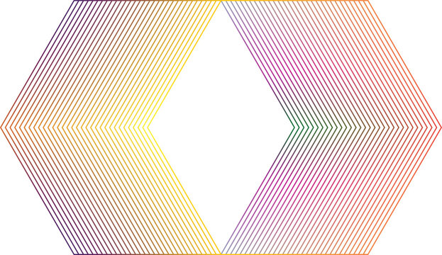 Hexagonal geometric pattern of parallel lines with a color gradient, transitioning from purple and yellow to orange and green on white