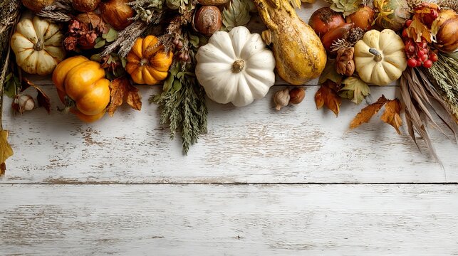 Festive autumn harvest arrangement featuring white and orange pumpkins along with dry leaves on rustic wooden boards