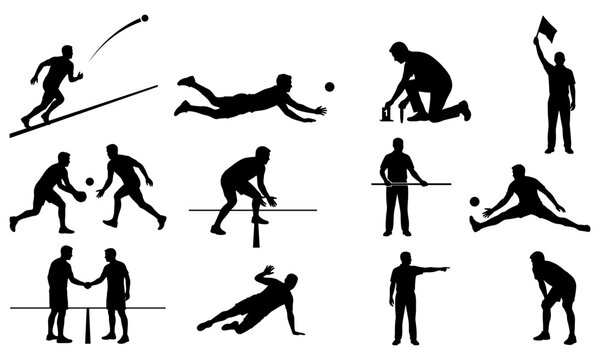 Fistball and Field Court Sports Silhouettes Set with Diving Saves Spikes Service Line Official Referee Flag and Sportsmanship Handshake Vector Icons