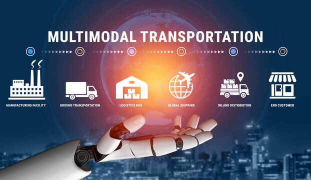 Visual Representation of Multimodal Transportation Process with Robotic Hand and Global Logistics Elements for Modern Supply Chain Haptic.