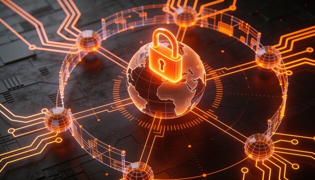 Isometric global money transfer with glowing orange lock shield, holographic wireframe globe and transaction arcs in neon circuitry on dark backdrop, secure cross border payment illustration