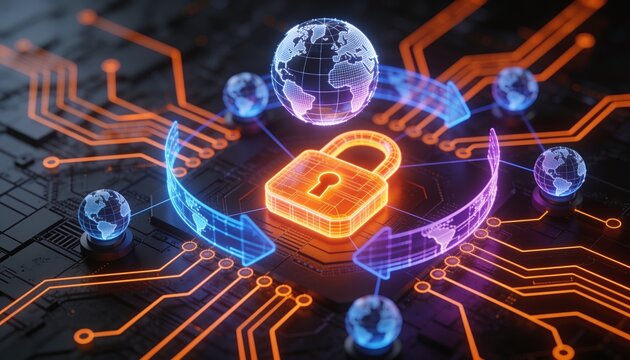 Isometric global money transfer with glowing orange lock shield, holographic wireframe globe and transaction arcs in neon circuitry on dark backdrop, secure cross border payment illustration