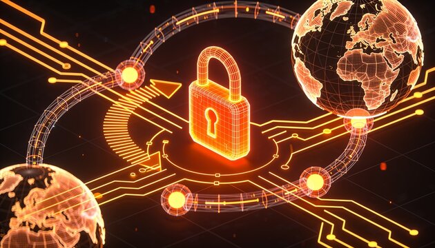 Isometric global money transfer with glowing orange lock shield, holographic wireframe globe and transaction arcs in neon circuitry on dark backdrop, secure cross border payment illustration