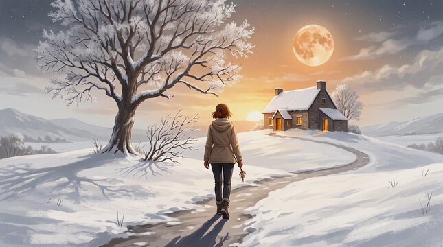 Lone figure with short brownish-red hair walking a snowy path toward a stone cottage, warm glowing windows, full moon and frost-covered tree, tranquil winter twilight landscape.
