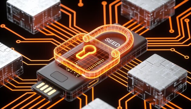 Isometric cold storage device with glowing orange padlock, holographic wireframe casing and seed phrase blocks in neon circuitry on dark backdrop, secure cryptocurrency wallet illustration