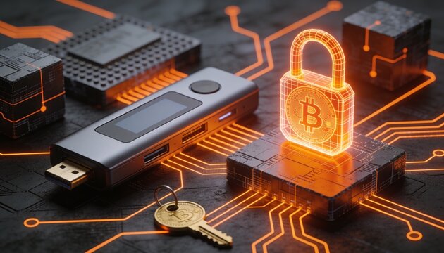 Isometric cold storage device with glowing orange padlock, holographic wireframe casing and seed phrase blocks in neon circuitry on dark backdrop, secure cryptocurrency wallet illustration