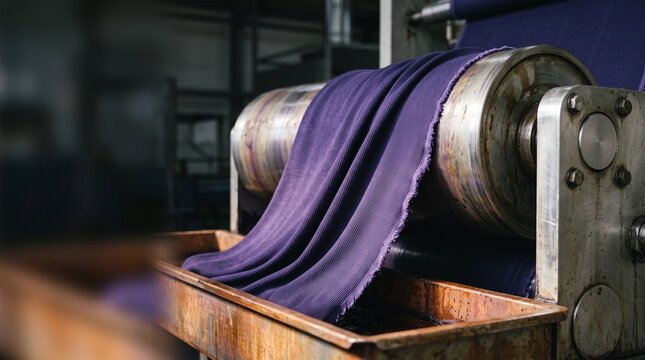Violet technical knit flowing across dye rollers
