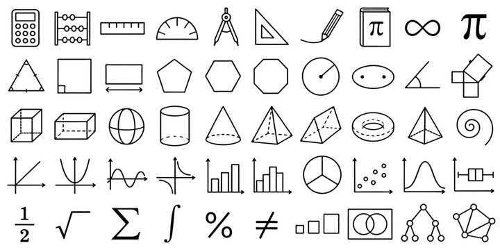Mathematics line icon set: geometry shapes, 3D solids, function graphs, statistics charts and math tools, outline vector illustration