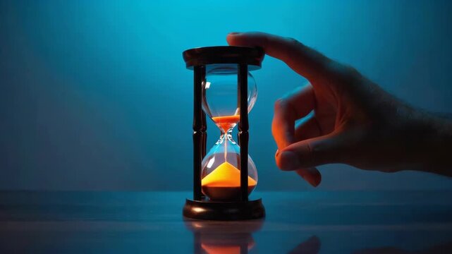 A hand touches a glass hourglass filled with golden sand on a reflective surface against a dramatic blue background.