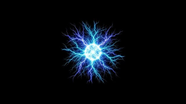 Quantum ionized blue plasma energy ball radiating writhing electric arc tendril, laboratory research video.