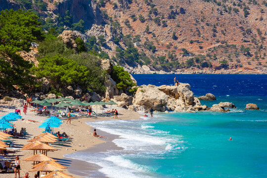 Apella Beach in Karpathos island, Greece with crystal clear turquoise water