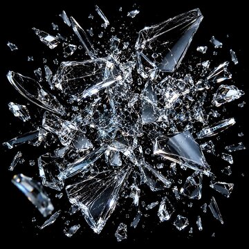 Shattered glass shards exploding on black background, broken transparent crystal fragments, sharp glass splinters in motion, cinematic destruction