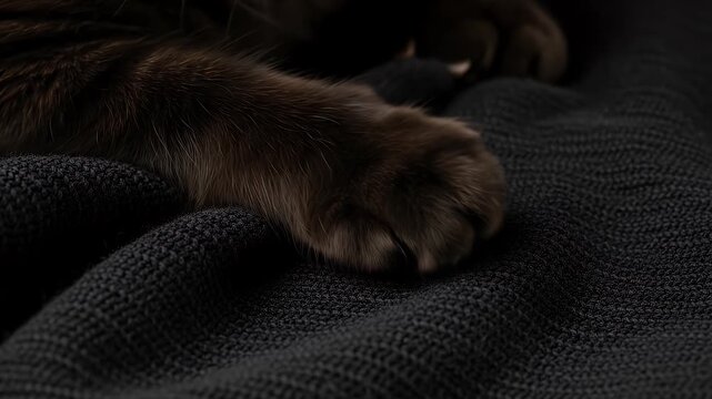 Close up of a cat paw resting on a dark textured fabric blanket