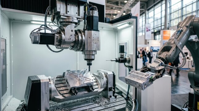 Five axis milling head, robotic loading arm, metrology probe, machined alloy blocks, and metal swarf in an industrial exhibition hall.