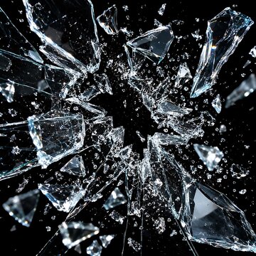 Exploding shattered glass shards on black background, broken transparent window fragments, sharp crystal splinters for destruction concept
