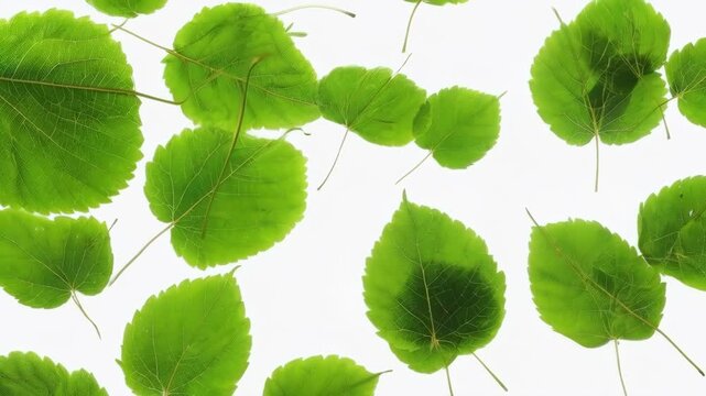 Overlapping green aspen leaves with detailed textures scattered across a minimalist light gray background.