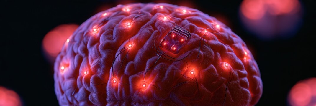 A brain with a neural implant is shown, highlighting the technology that predicts seizures and provides stimulation.