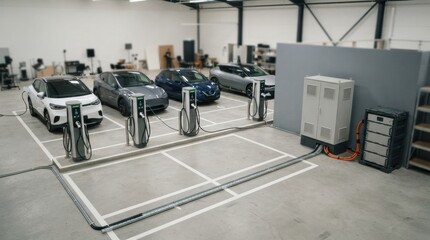 Fototapeta premium Cooperative electric vehicle charging setup with charging pedestals, connector plugs, grid cabinet, battery module, and road-marked parking bays.