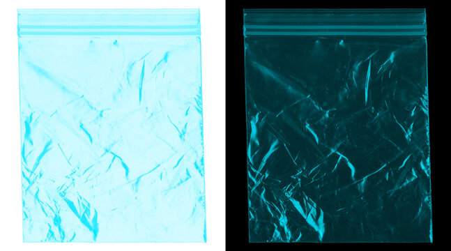 Transparent plastic ziplock bag texture mockup, cyan cellophane wrap overlay, realistic plastic storage pouch graphic resource