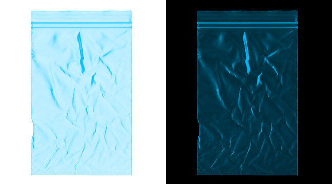 Plastic ziplock bag realistic mockup, wrinkled light blue transparent poly bag, cellophane packaging texture overlay template