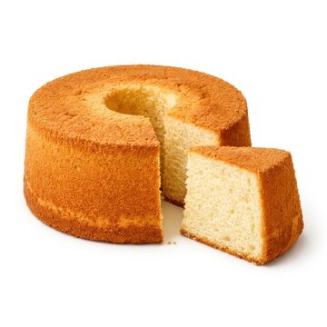 Delicious fluffy sponge cake with a slice cut out.