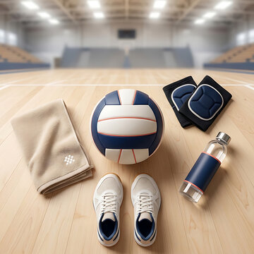 Volleyball equipment laid out on a wooden gymnasium floor with blurred stadium seating