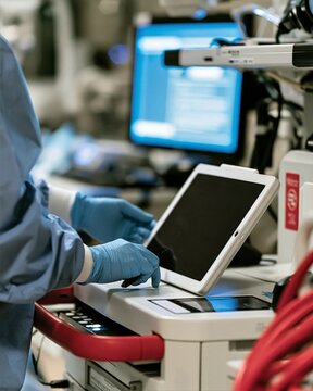 Medical Device Asset Audit with Tablet in Clinical Equipment Room