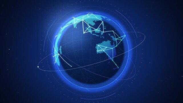 Digital holographic globe rotating with glowing connection lines and data points in space.