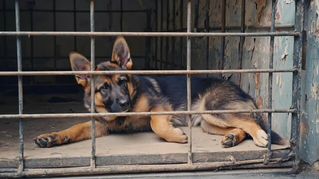 A sad German Shepherd puppy lying inside a rusty metal cage with peeling paint on the walls.