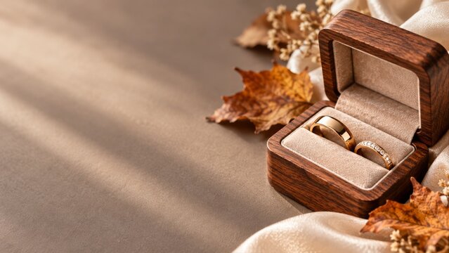 Gold wedding bands in an open wooden ring box with autumn maple leaves