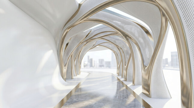 Futuristic modern parametric architecture corridor interior with organic flowing white perforated panels and polished gold metallic structural arch ribs, creating a bright futuristic commercial space.