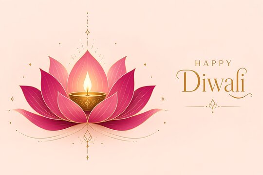 Elegant Happy Diwali greeting card with pink lotus and lit diya lamp, festive background for Indian festival of lights, spiritual floral celebration