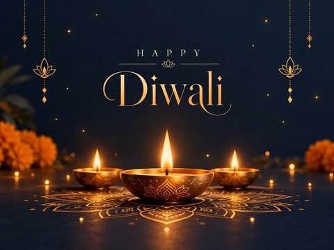 Diwali festival greeting card with burning oil diyas on dark blue background, golden Happy Diwali typography with traditional lamps and marigolds