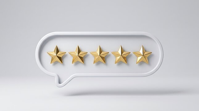 Five gold stars in speech bubble rating review