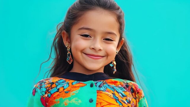Smiling young girl with long hair, wearing a colorful patterned shirt and dangling earrings against a plain cyan background.