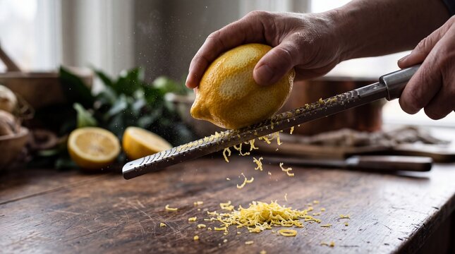 Hand Zesting Fresh Organic Meyer Lemon Over Rustic Wooden Countertop