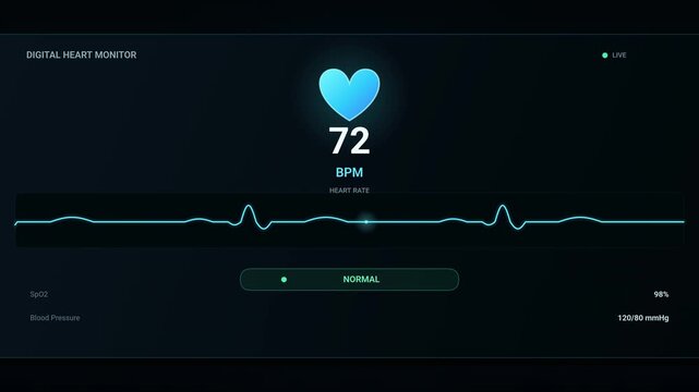 Digital Heart Rate Monitor Interface Displaying Normal BPM and EKG Signal
