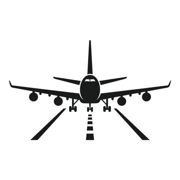 A black silhouette of a commercial airplane on a runway, viewed from the front, with landing gear down and lights on.