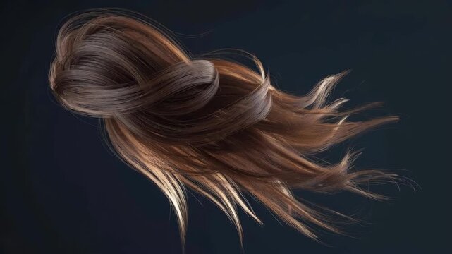 Close-up of textured brown and blonde hair styled in a loose messy bun with flowing strands against a dark, neutral background.
