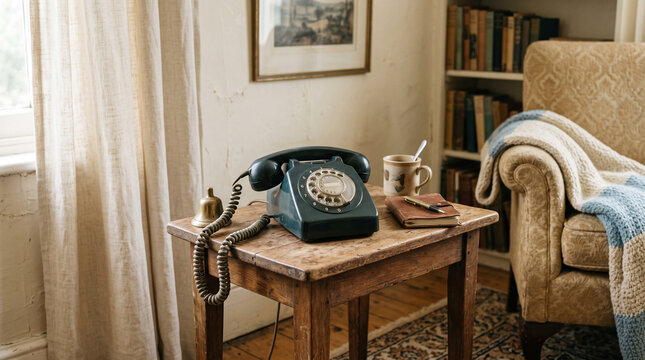retro rotary phone on small wooden desk with cozy armchair