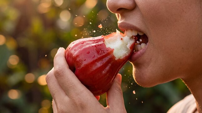 Crisp Wax Apple Bite in Golden Sunset Orchard Light