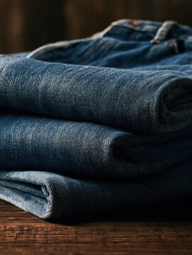 A stack of three folded raw selvedge denim jeans in deep indigo blue shows the selvedge edge. The jeans are placed on a dark oak surface.