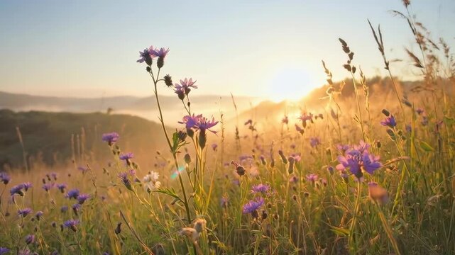 Purple wildflowers in a field with a golden sunset and hazy mountain peaks in the background.
