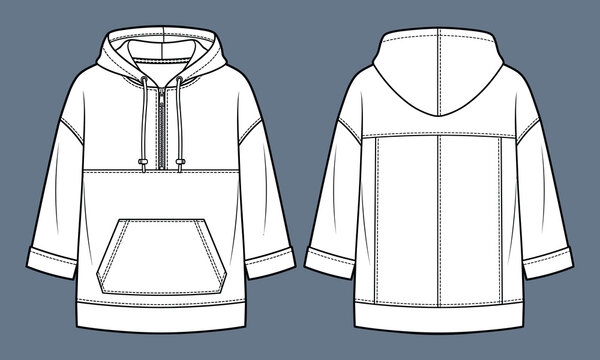 Technical flat fashion sketch illustration of a womens half zip pullover hoodie
