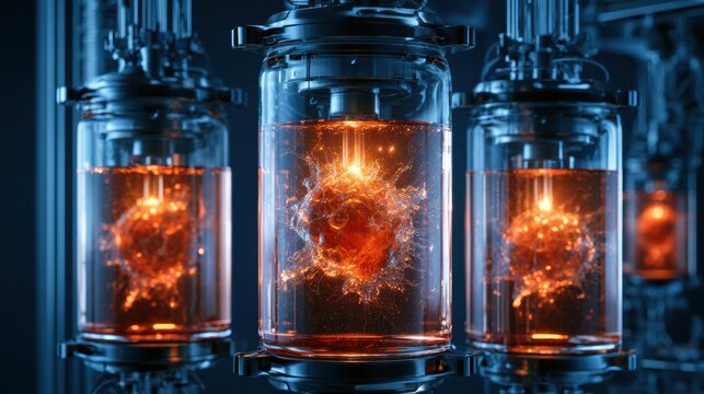 Cells being engineered to evade immune rejection and target cancer displayed in a laboratory environment against a dark background.