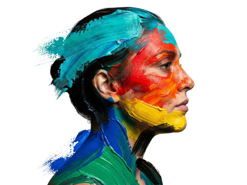 A woman's profile is covered in bold, colorful paint strokes against a white background.