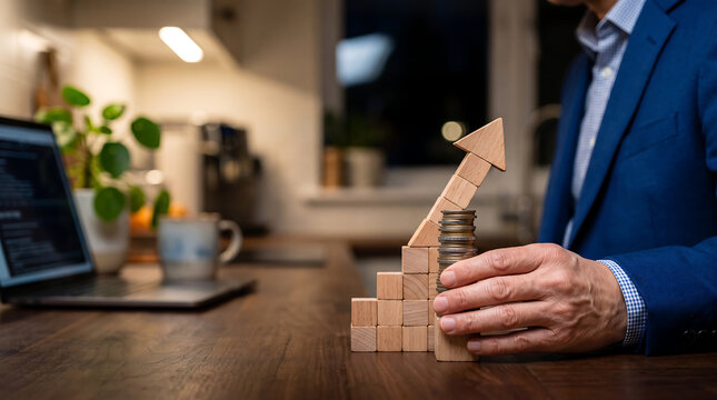 A businessman in a blue suit hand stacking wooden blocks into an upward arrow shape next to a stack of coins on a wooden desk with a laptop