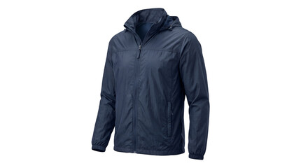 Dark blue hooded windbreaker jacket for outdoor sports and rainy weather © Mustafa Stock