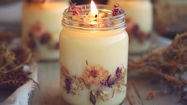 A lit decorative candle in a glass jar with dried flowers and lavender embedded in the wax against a soft-focus rustic background.